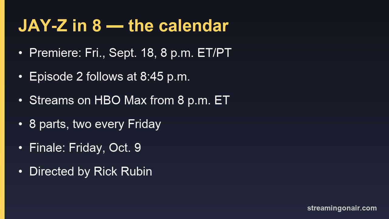 Card listing JAY-Z in 8 premiere time, episode count and finale date