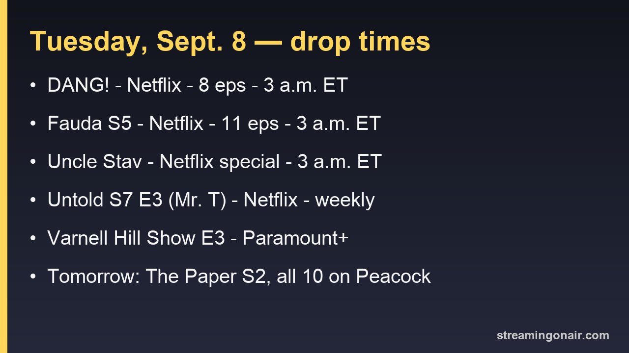 Card listing Tuesday's streaming premieres with episode counts and drop times