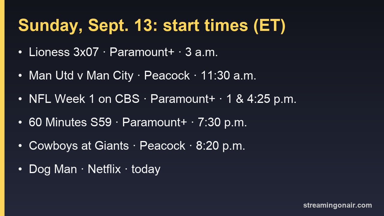 Card with Sunday, Sept. 13 start times on Paramount+, Peacock and Netflix