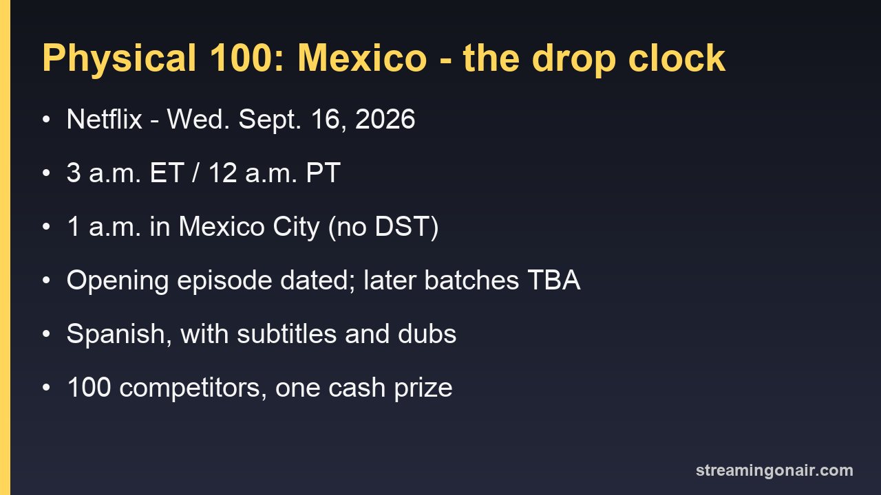 Card listing the Physical 100: Mexico drop time by time zone