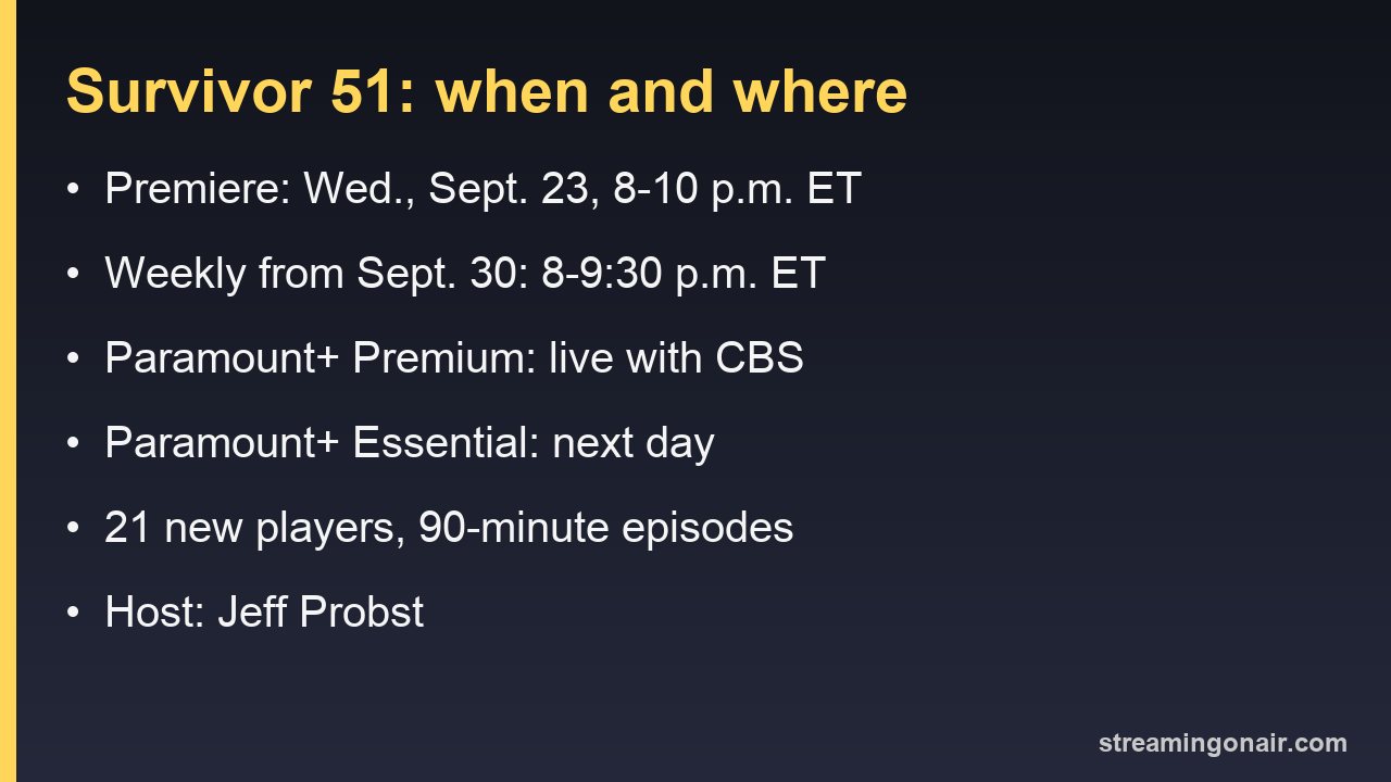 Card listing the Survivor 51 premiere time, weekly slot and Paramount+ availability