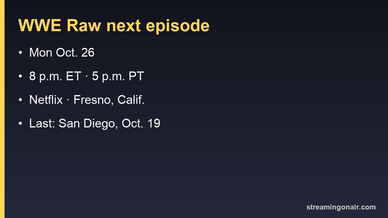 WWE Raw's next episode: Monday, Oct. 26, at 8 p.m. ET on Netflix from Fresno, Calif., after San Diego on Oct. 19